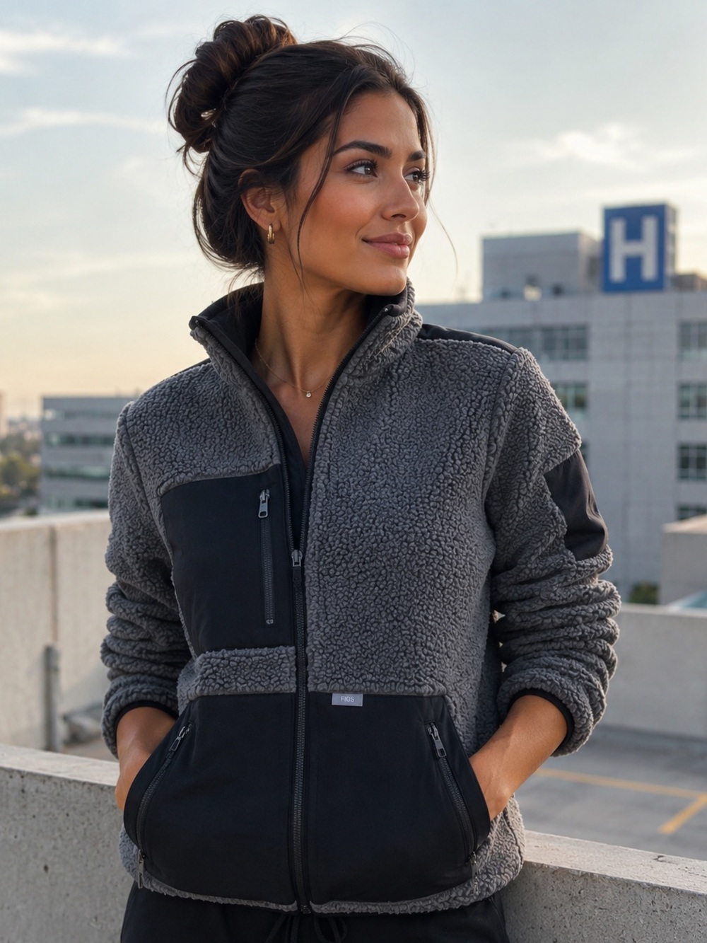 FIGS High-Pile Sherpa Fleece Jacket Gray Black Size Small